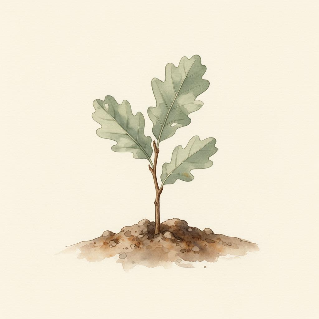 Watercolor illustration of a young oak sapling growing from soil